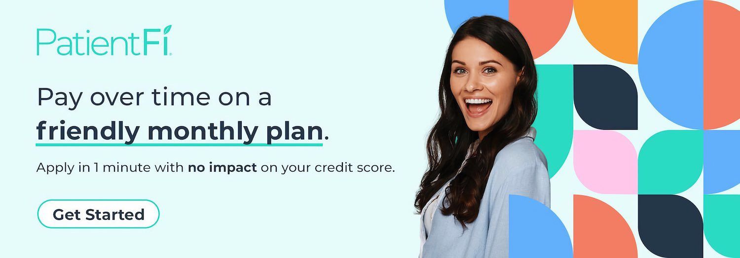 PatientFi payment plan advertisement with smiling woman.